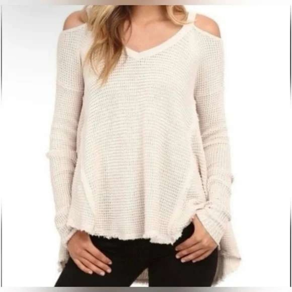 Free People Sweater Womens Small Moonshine Waffle Knit Cold Shoulder Tunic Cream